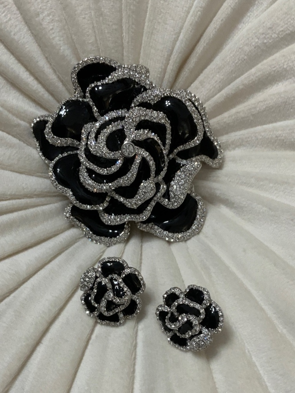 Joan Rivers Black Enamel Rose Brooch and Matching Earrings with Crystal Trim